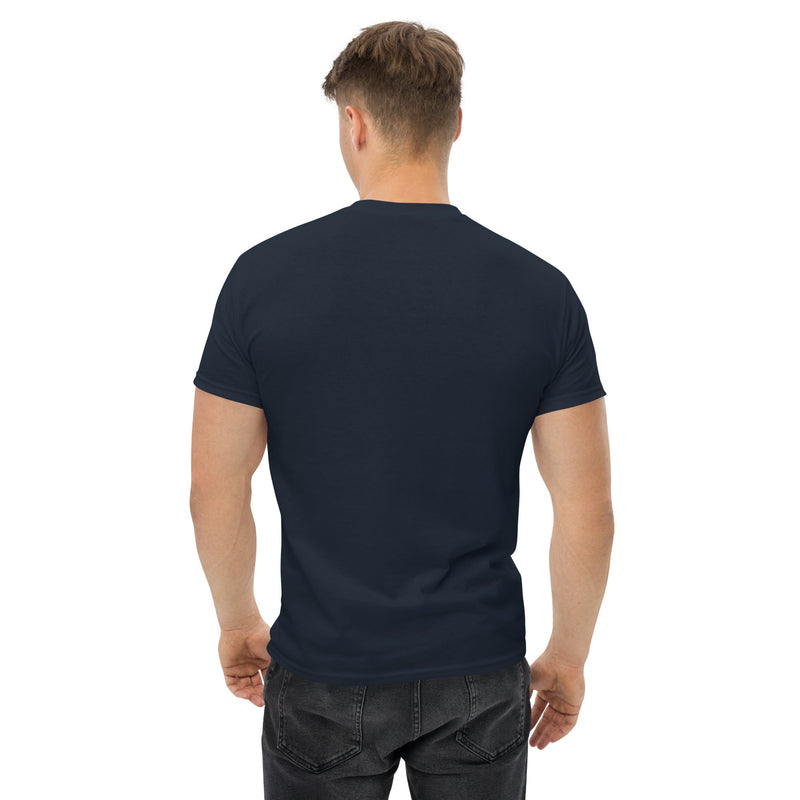 Cardio in the Aisle | travel workout tee in Navy (back view) — layover-ready travel fitness apparel by Dumbbells & Hotels