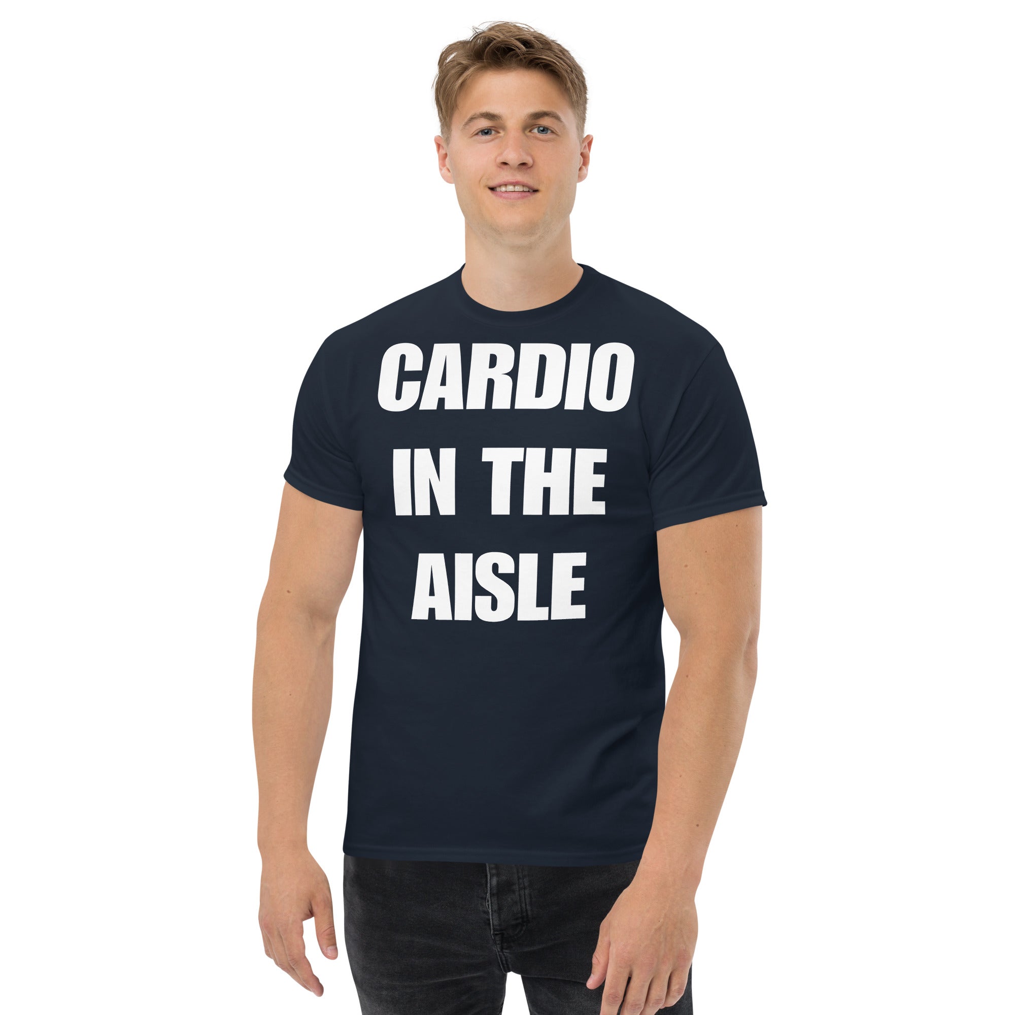 Cardio in the Aisle | travel workout tee in Navy (front view) — layover-ready travel fitness apparel by Dumbbells & Hotels