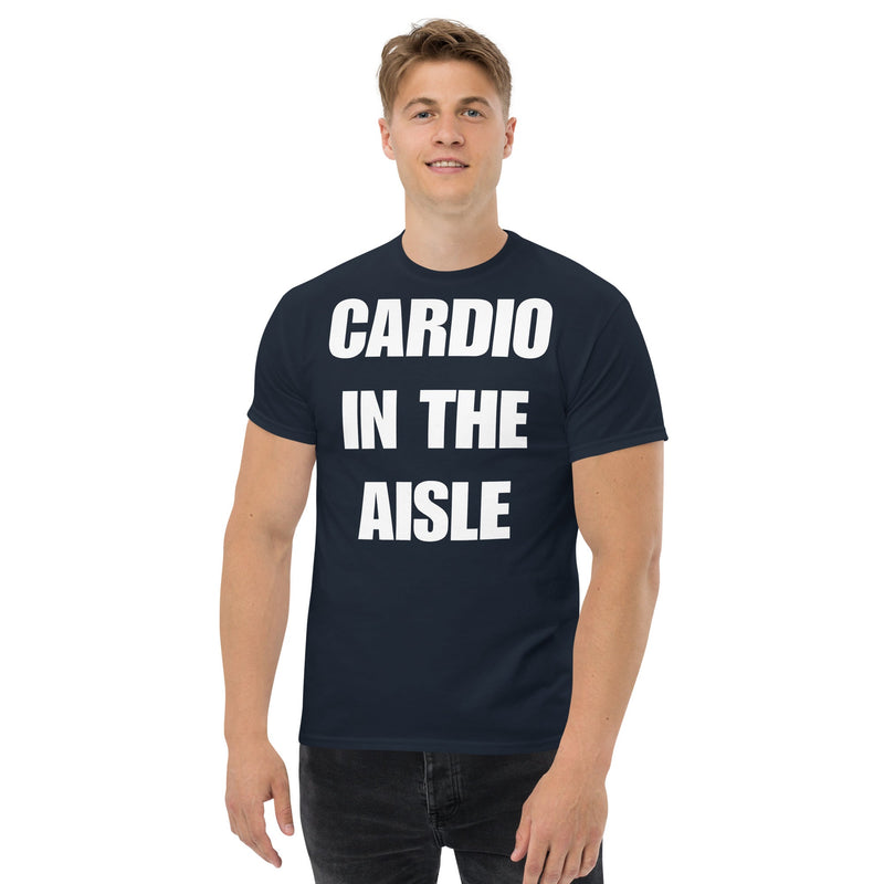 Cardio in the Aisle | travel workout tee in Navy (front view) — layover-ready travel fitness apparel by Dumbbells & Hotels