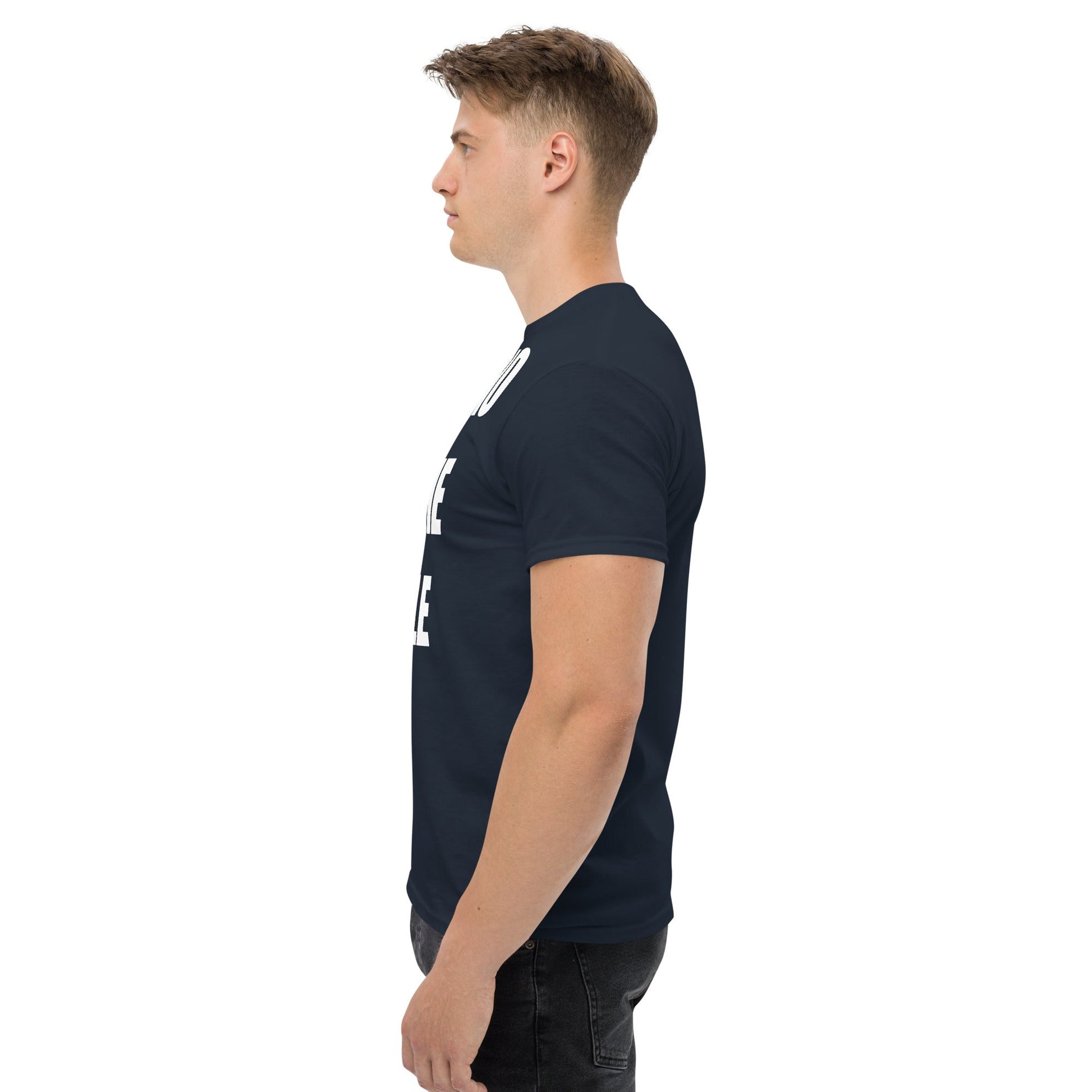 Cardio in the Aisle | travel workout tee in Navy (left side) — layover-ready travel fitness apparel by Dumbbells & Hotels