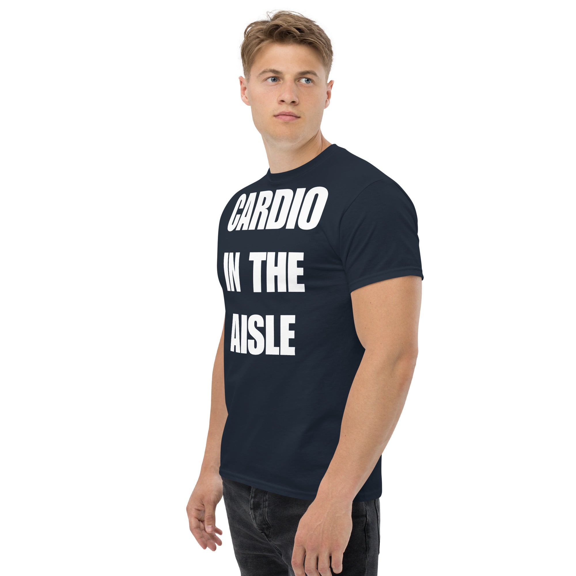 Cardio in the Aisle | travel workout tee in Navy (left front angle) — layover-ready travel fitness apparel by Dumbbells & Hotels