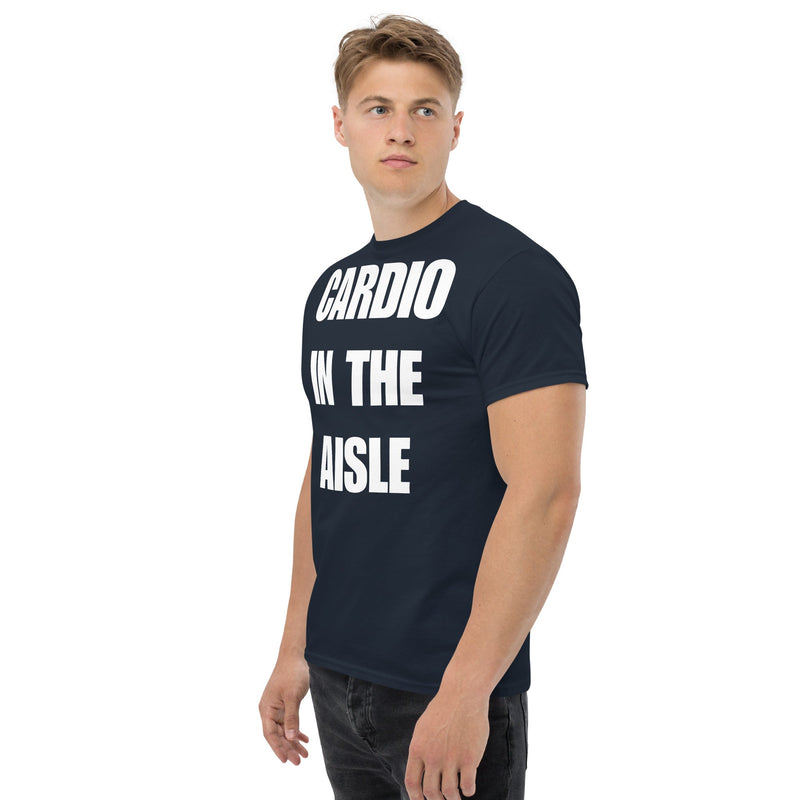 Cardio in the Aisle | travel workout tee in Navy (left front angle) — layover-ready travel fitness apparel by Dumbbells & Hotels