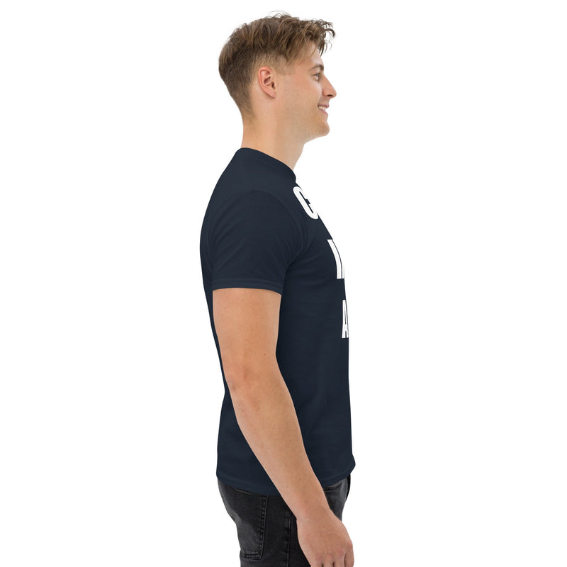 Cardio in the Aisle | travel workout tee in Navy (right side) — layover-ready travel fitness apparel by Dumbbells & Hotels