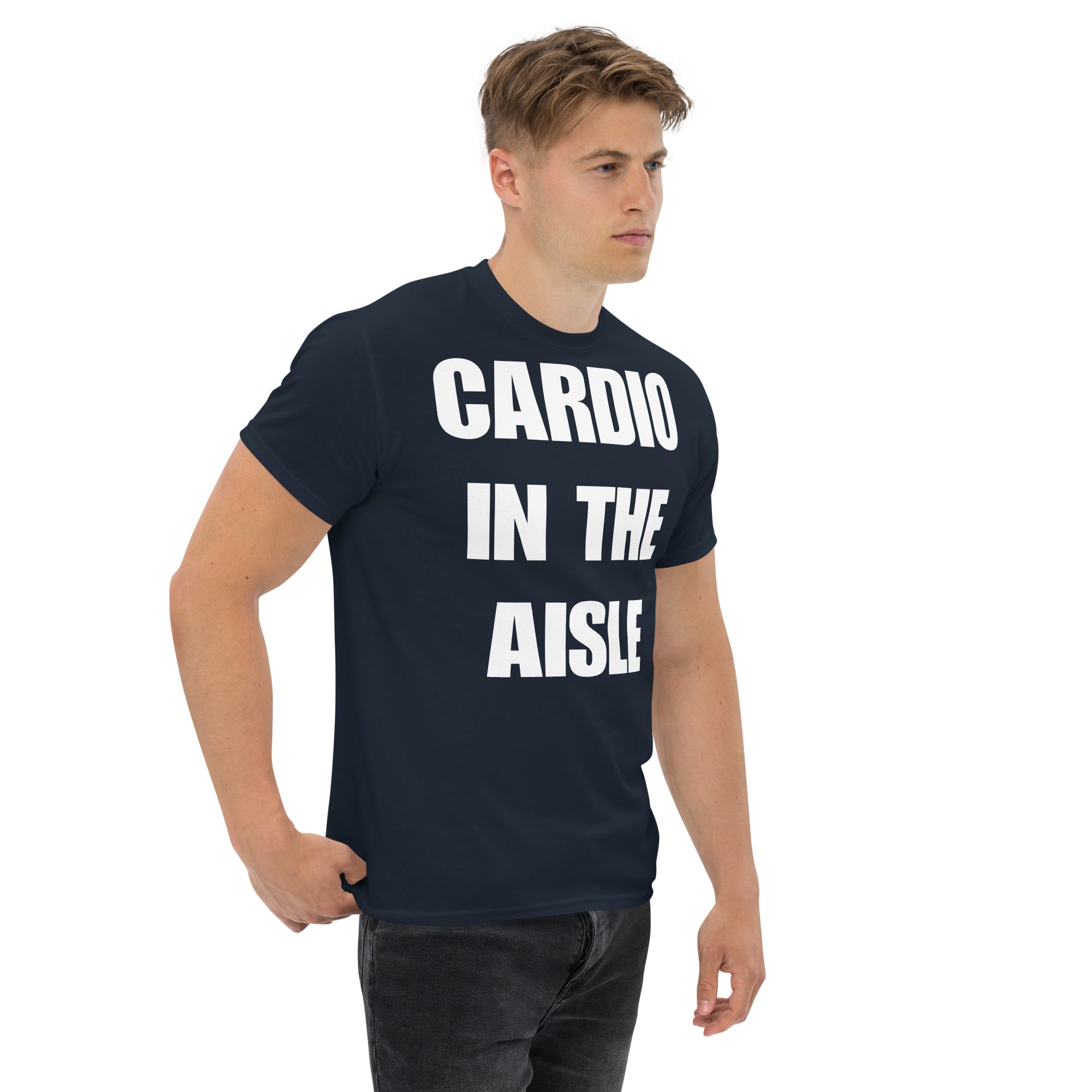Cardio in the Aisle | travel workout tee in Navy (right front angle) — layover-ready travel fitness apparel by Dumbbells & Hotels
