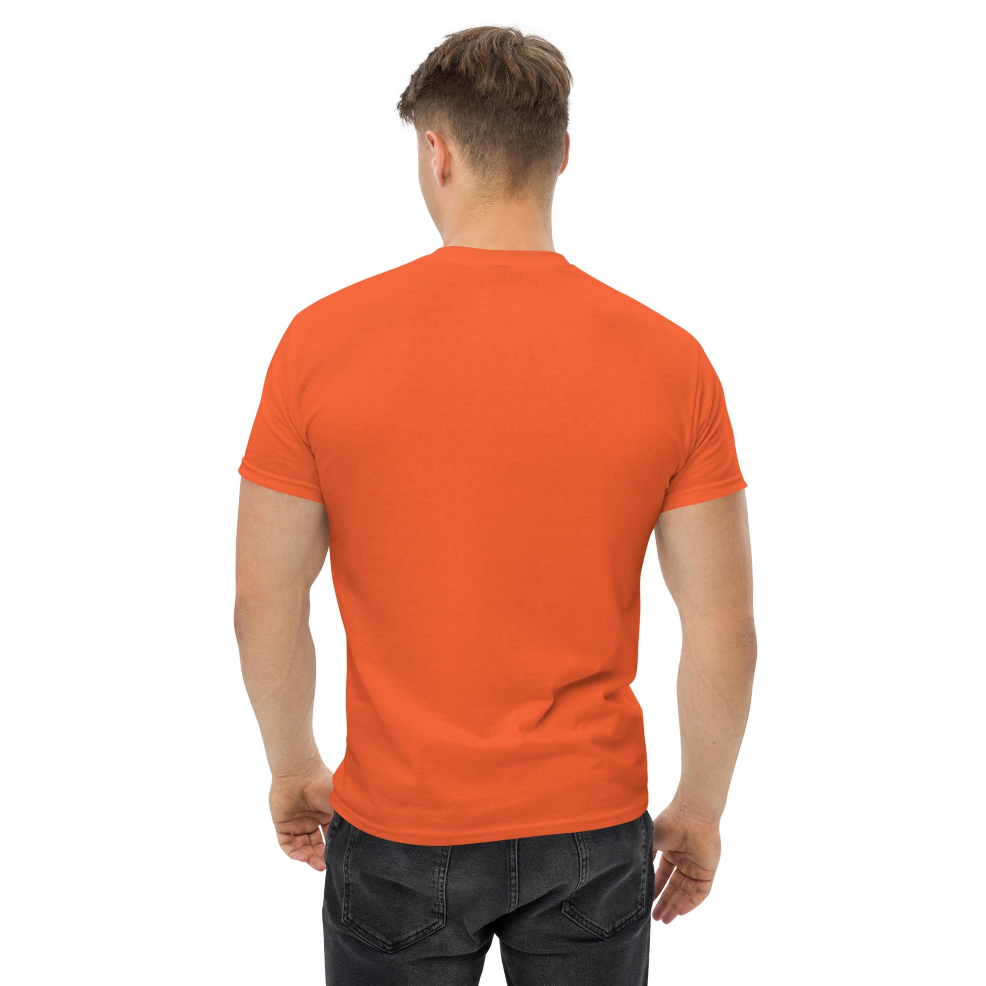 Cardio in the Aisle | travel workout tee in Orange (back view) — layover-ready travel fitness apparel by Dumbbells & Hotels