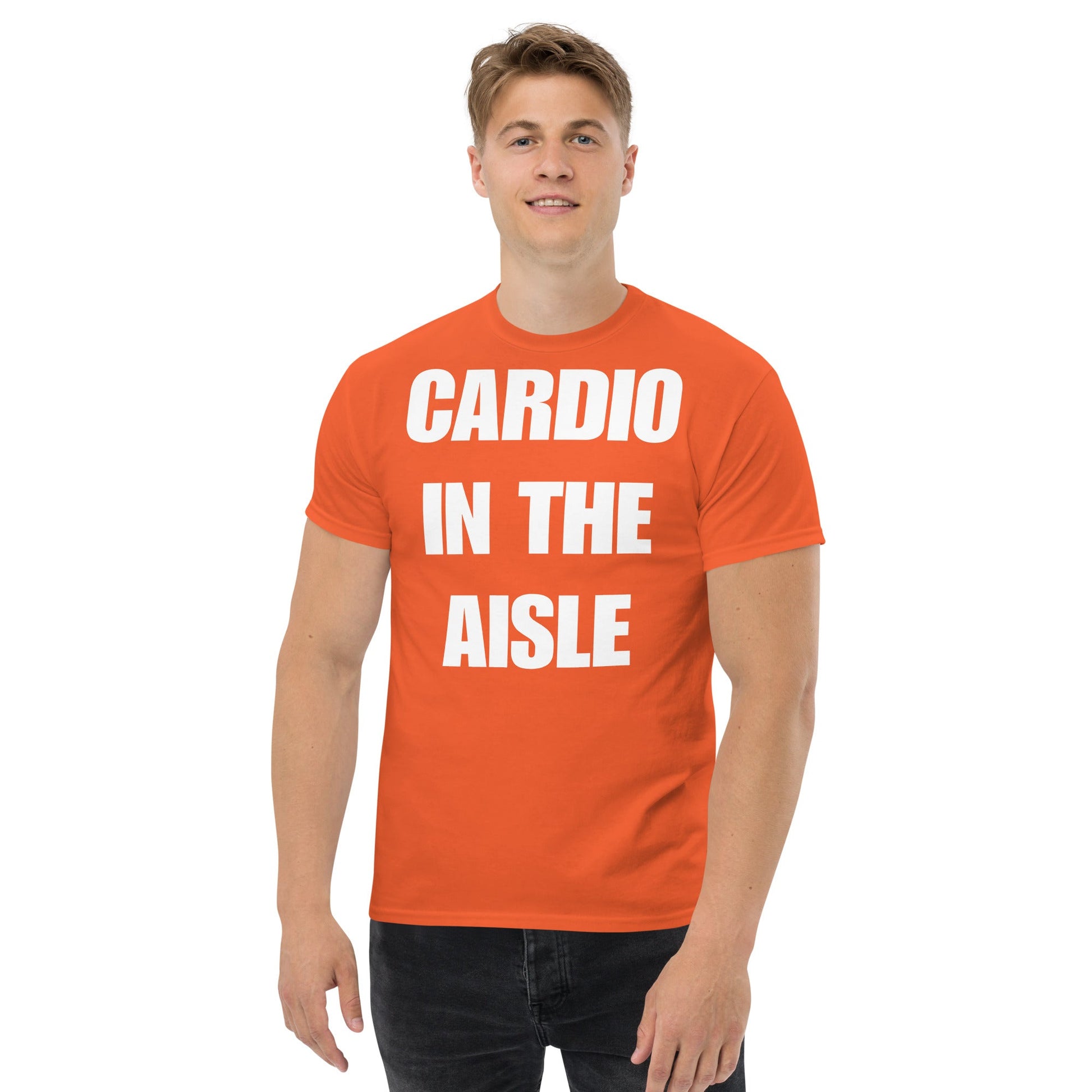 Cardio in the Aisle | travel workout tee in Orange (front view) — layover-ready travel fitness apparel by Dumbbells & Hotels
