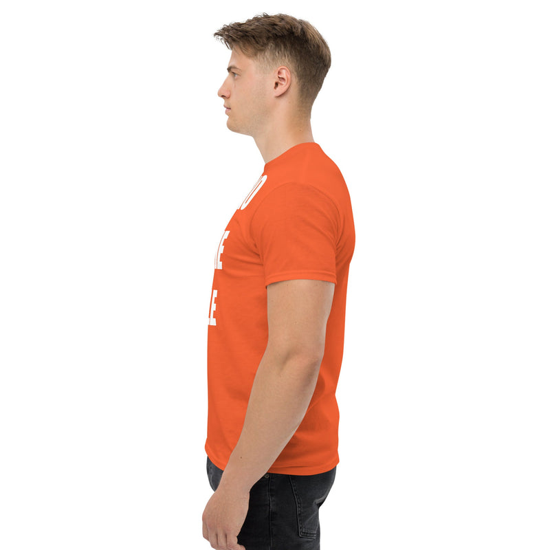 Cardio in the Aisle | travel workout tee in Orange (left side) — layover-ready travel fitness apparel by Dumbbells & Hotels