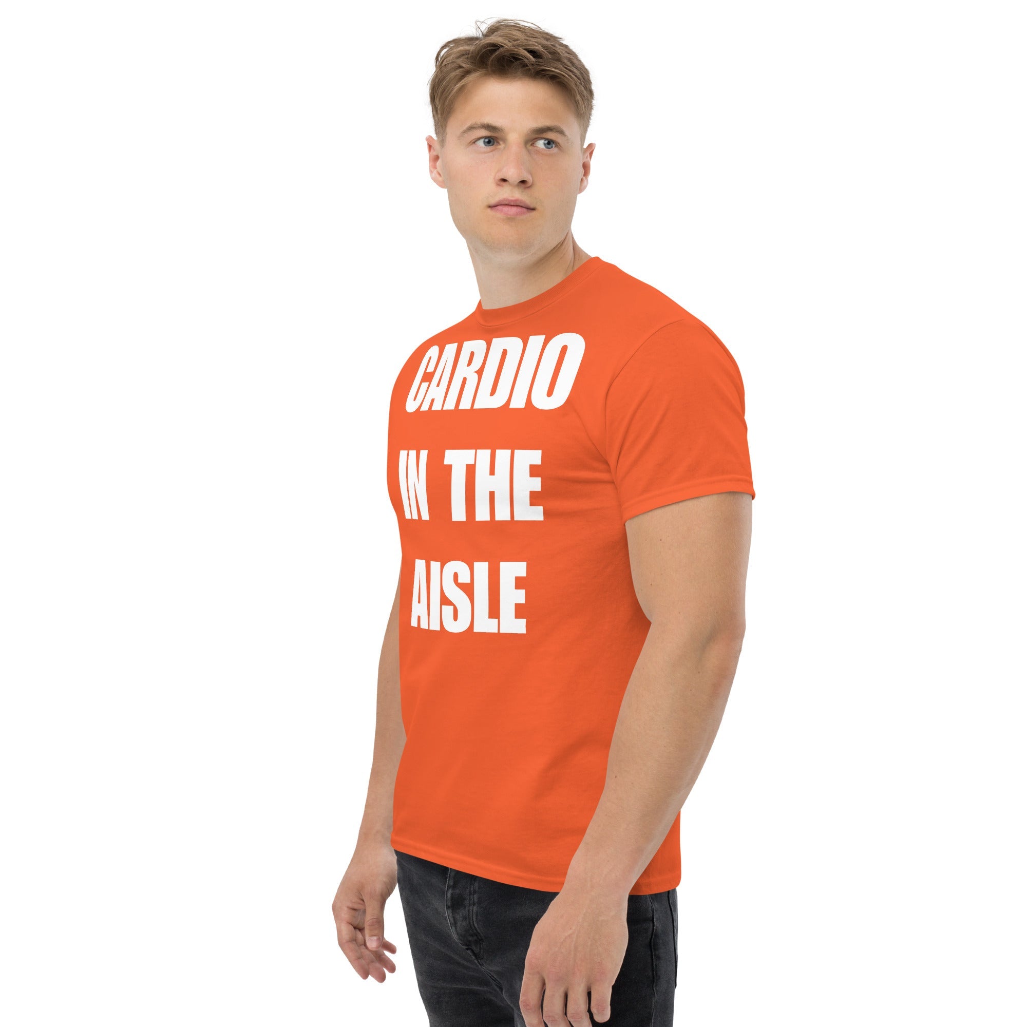 Cardio in the Aisle | travel workout tee in Orange (left front angle) — layover-ready travel fitness apparel by Dumbbells & Hotels