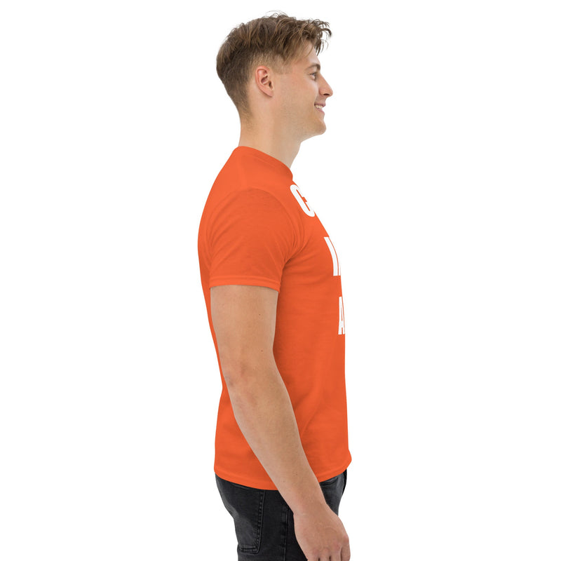 Cardio in the Aisle | travel workout tee in Orange (right side) — layover-ready travel fitness apparel by Dumbbells & Hotels