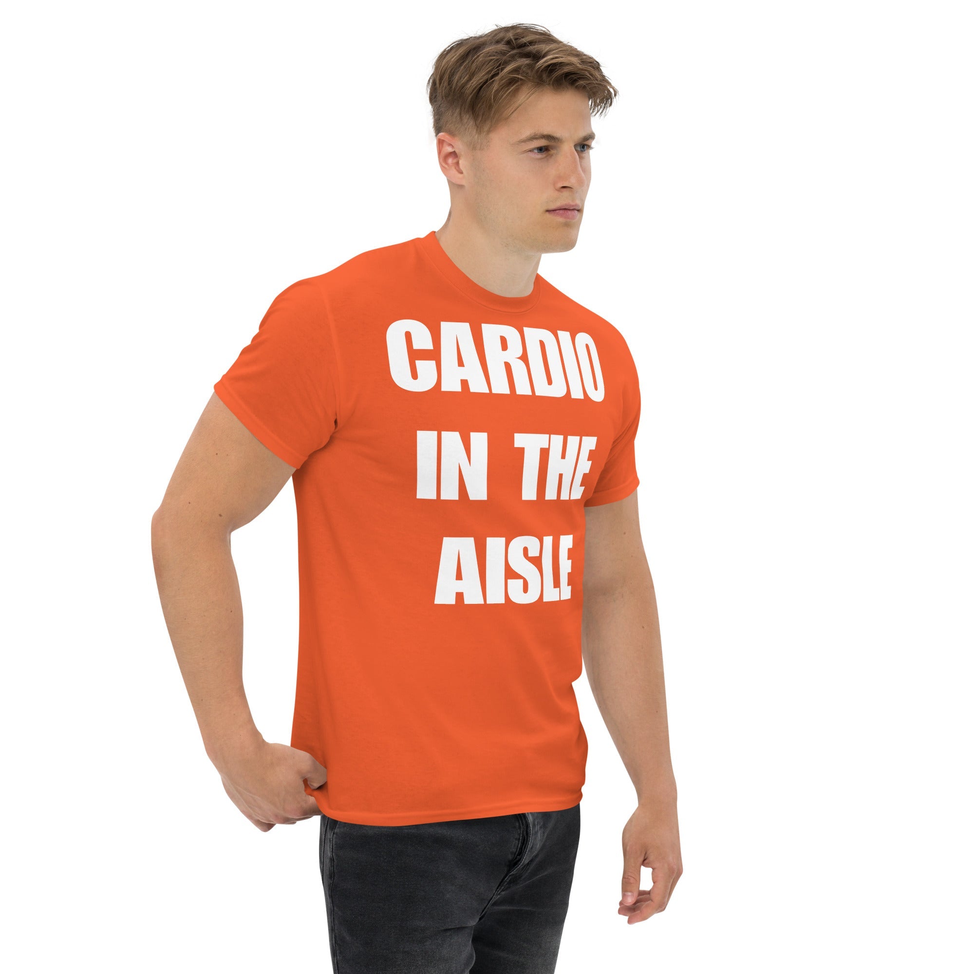 Cardio in the Aisle | travel workout tee in Orange (right front angle) — layover-ready travel fitness apparel by Dumbbells & Hotels