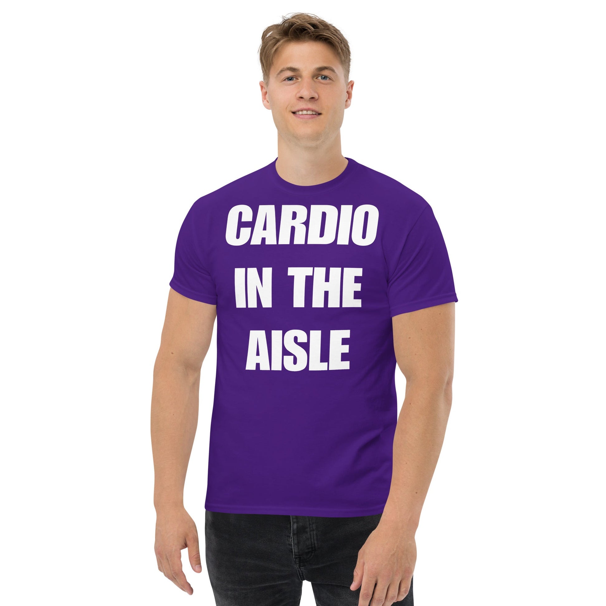 Cardio in the Aisle | travel workout tee in Purple (front view) — layover-ready travel fitness apparel by Dumbbells & Hotels