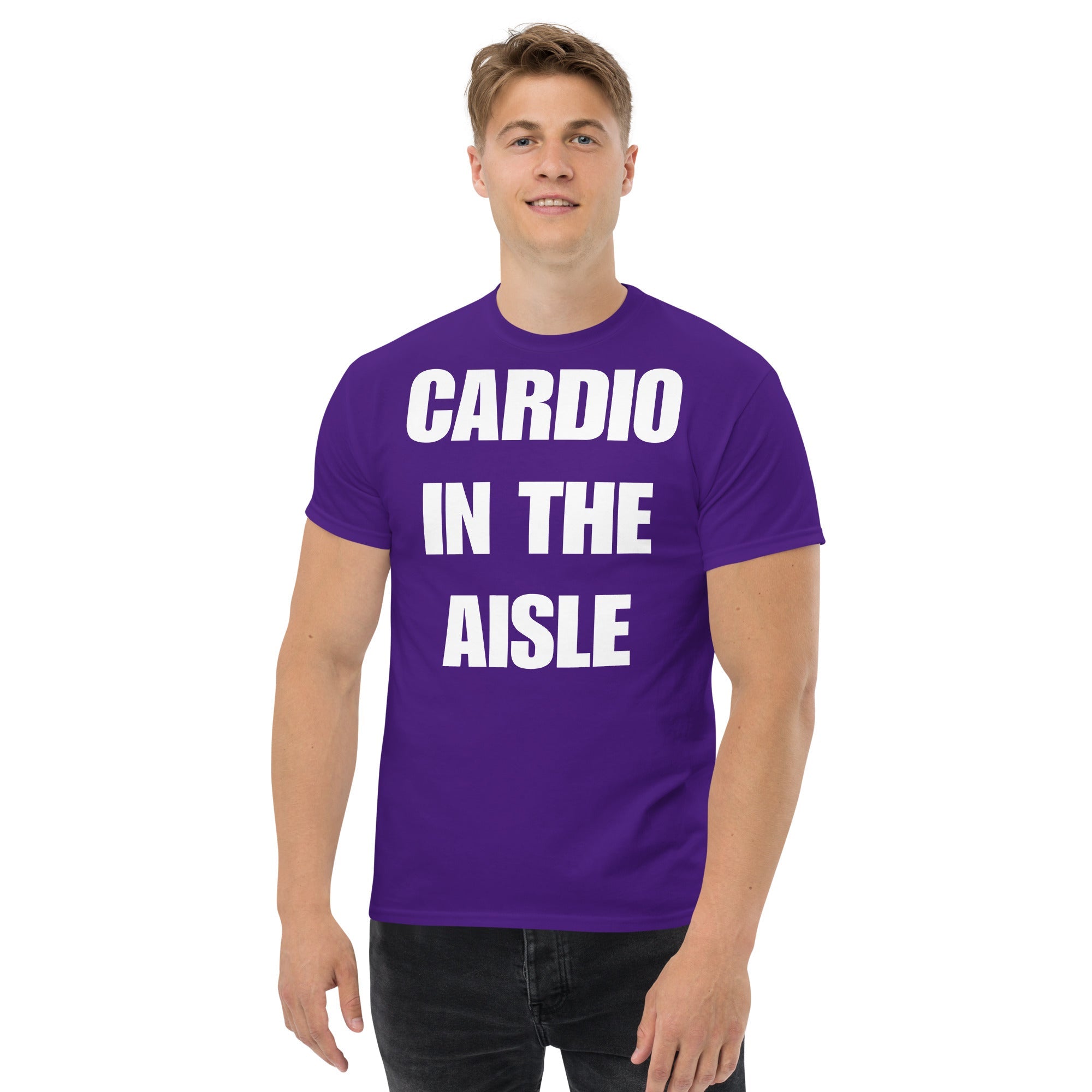 Cardio in the Aisle | travel workout tee in Purple (front view) — layover-ready travel fitness apparel by Dumbbells & Hotels