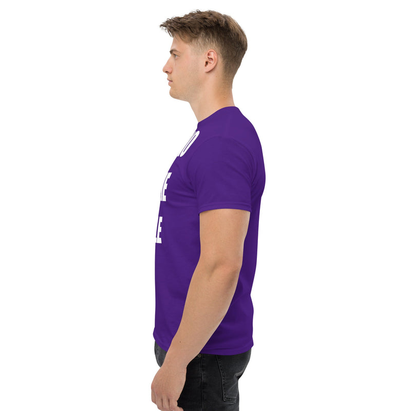 Cardio in the Aisle | travel workout tee in Purple (left side) — layover-ready travel fitness apparel by Dumbbells & Hotels