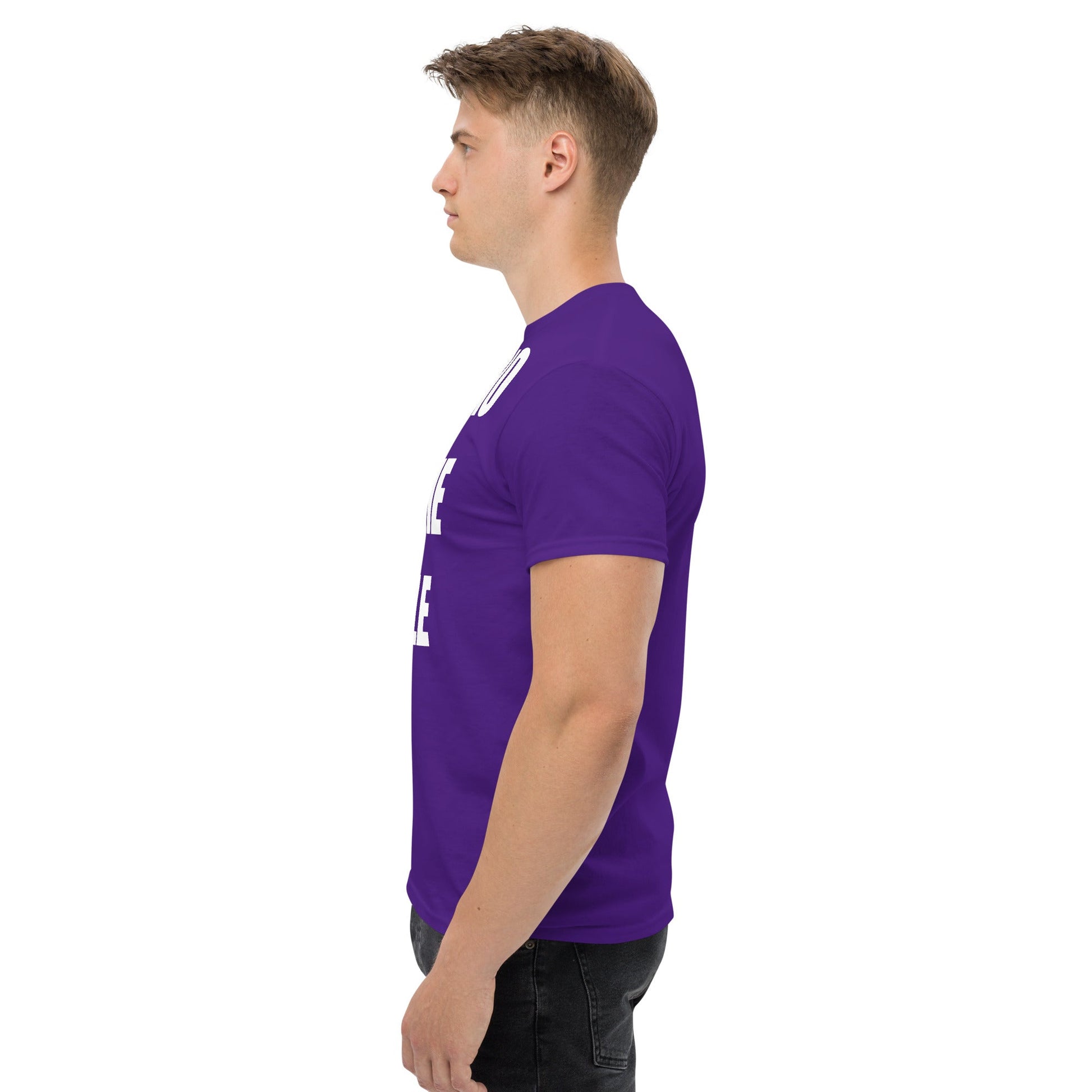 Cardio in the Aisle | travel workout tee in Purple (left side) — layover-ready travel fitness apparel by Dumbbells & Hotels