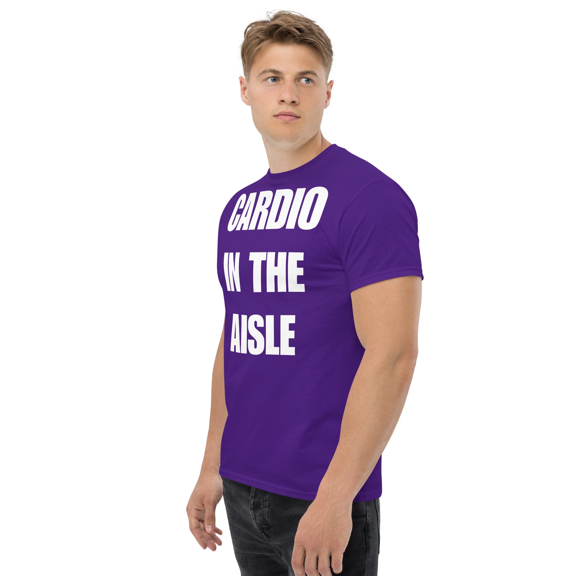 Cardio in the Aisle | travel workout tee in Purple (left front angle) — layover-ready travel fitness apparel by Dumbbells & Hotels