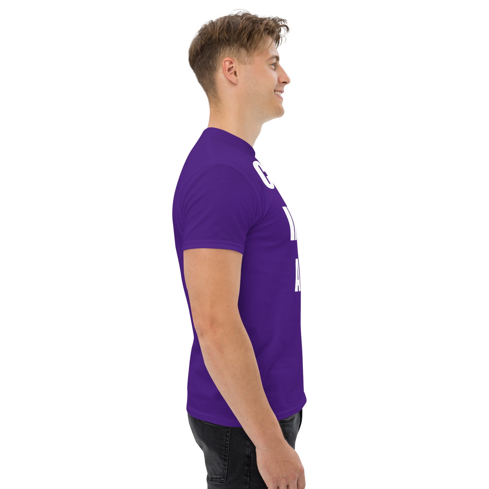 Cardio in the Aisle | travel workout tee in Purple (right side) — layover-ready travel fitness apparel by Dumbbells & Hotels