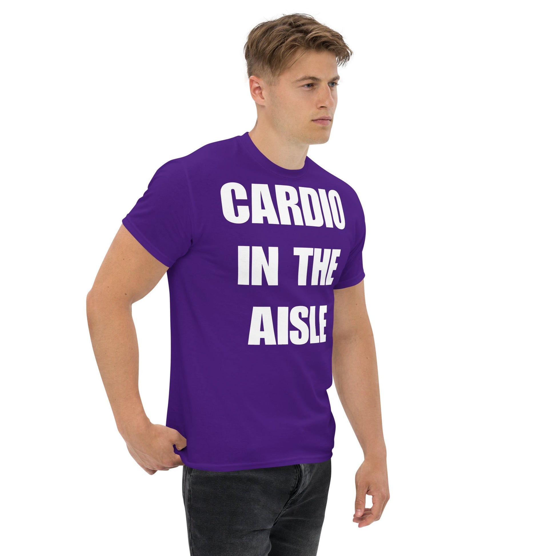Cardio in the Aisle | travel workout tee in Purple (right front angle) — layover-ready travel fitness apparel by Dumbbells & Hotels