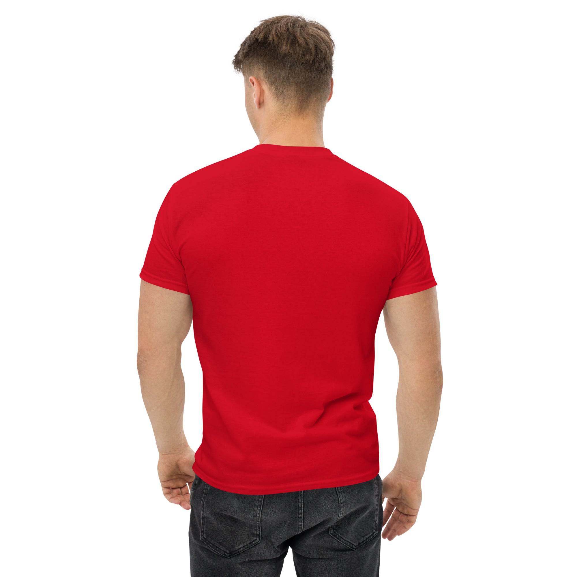Cardio in the Aisle | travel workout tee in Red (back view) — layover-ready travel fitness apparel by Dumbbells & Hotels