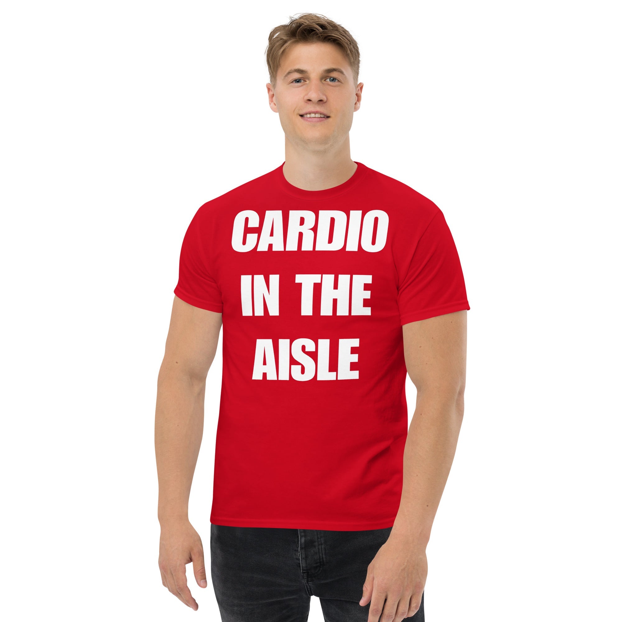 Cardio in the Aisle | travel workout tee in Red (front view) — layover-ready travel fitness apparel by Dumbbells & Hotels