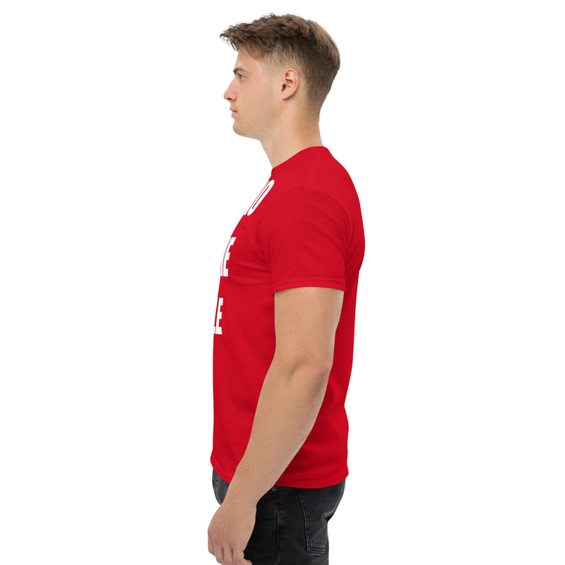 Cardio in the Aisle | travel workout tee in Red (left side) — layover-ready travel fitness apparel by Dumbbells & Hotels