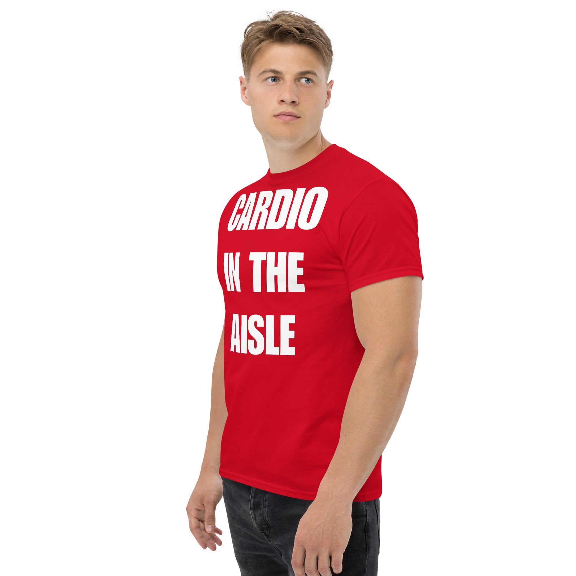 Cardio in the Aisle | travel workout tee in Red (left front angle) — layover-ready travel fitness apparel by Dumbbells & Hotels