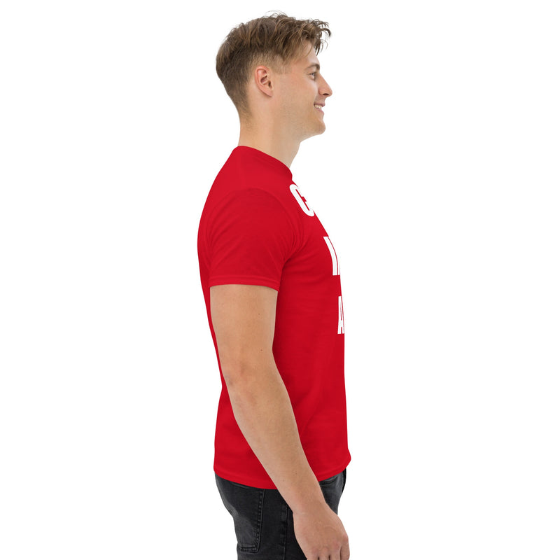 Cardio in the Aisle | travel workout tee in Red (right side) — layover-ready travel fitness apparel by Dumbbells & Hotels