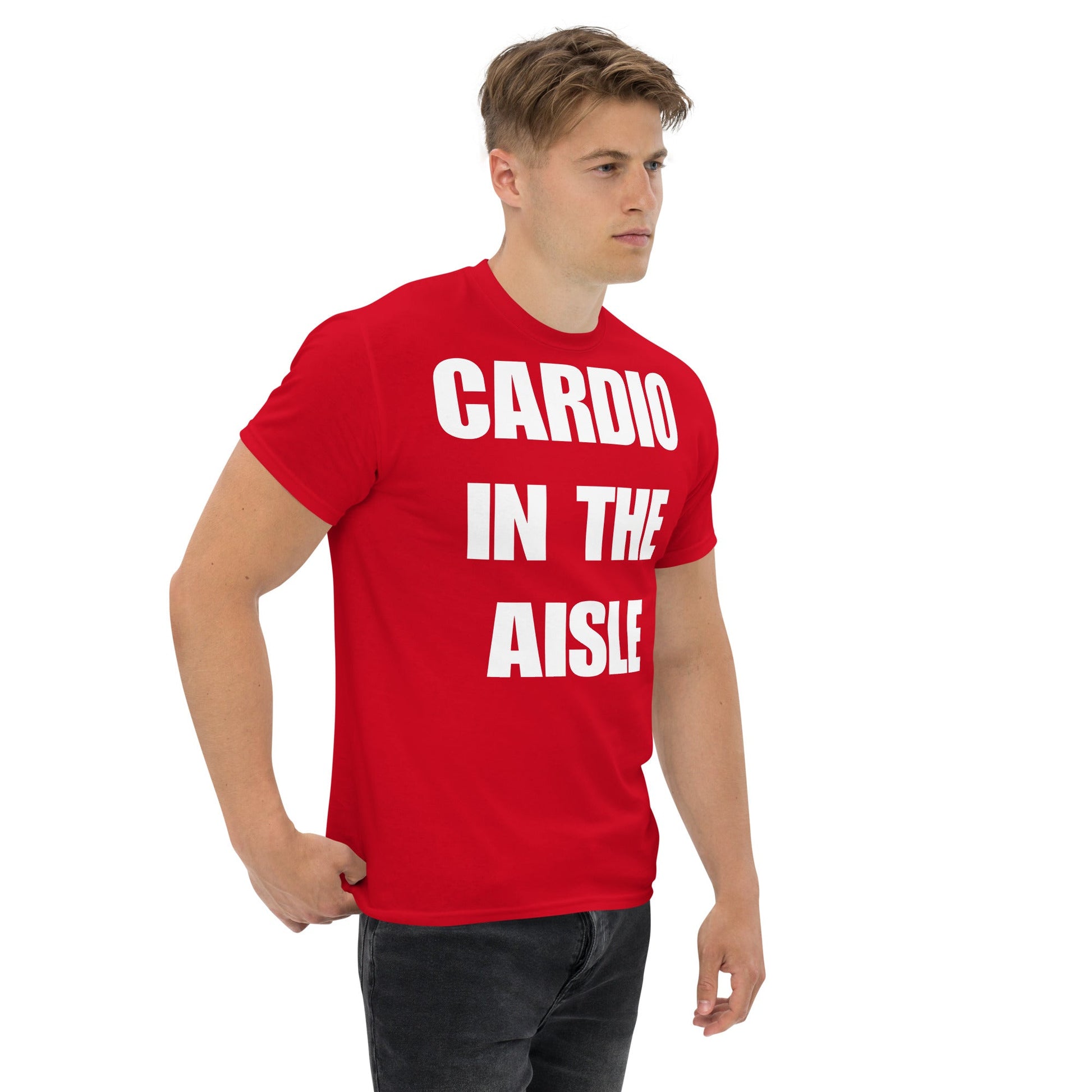Cardio in the Aisle | travel workout tee in Red (right front angle) — layover-ready travel fitness apparel by Dumbbells & Hotels
