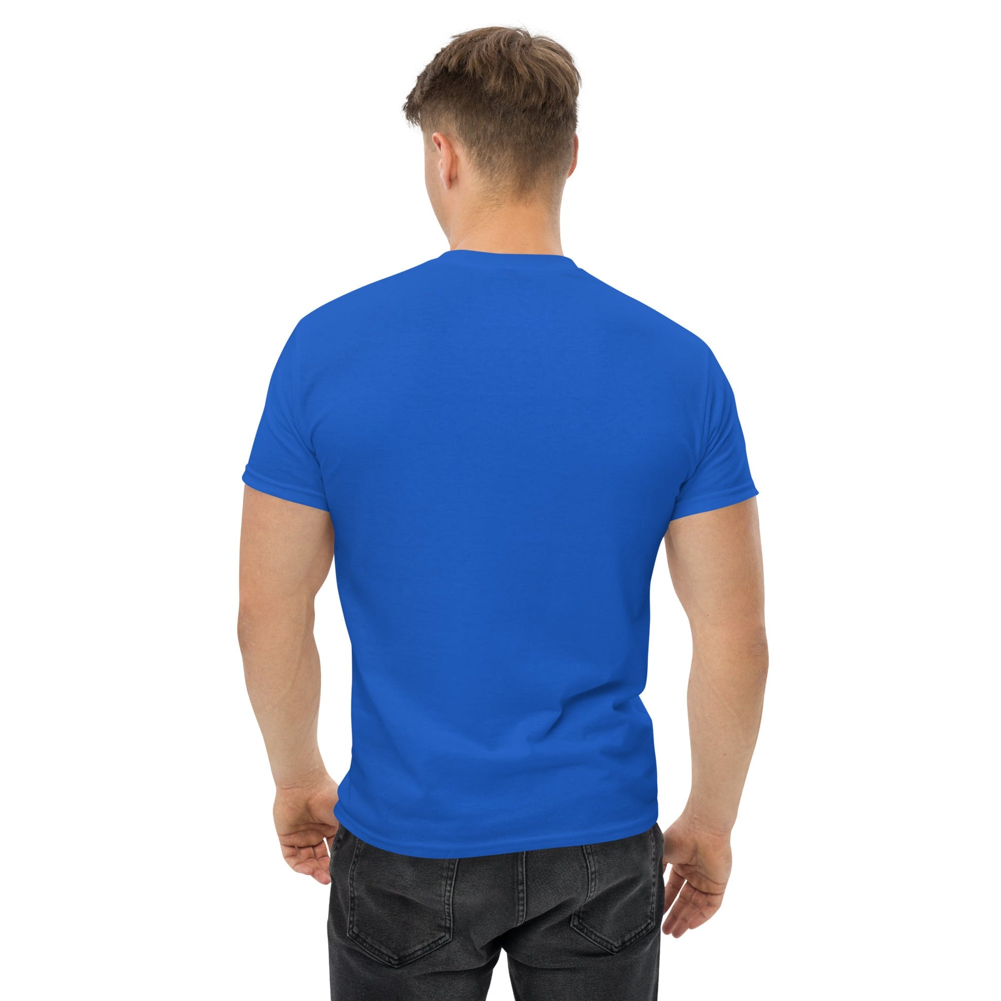 Cardio in the Aisle | travel workout tee in Royal (back view) — layover-ready travel fitness apparel by Dumbbells & Hotels