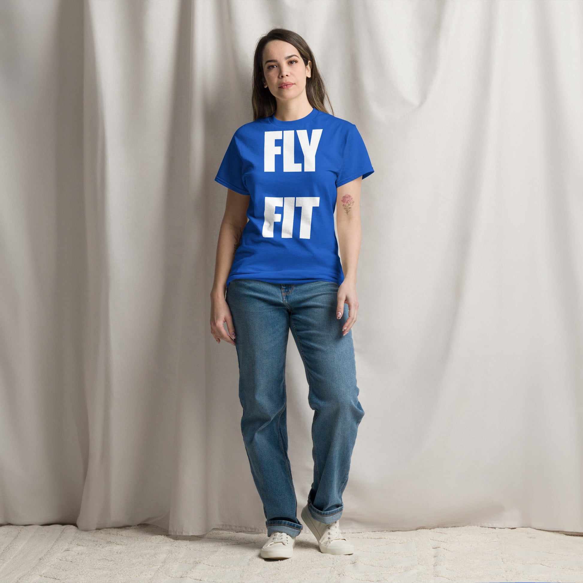 Fly Fit Travel T-Shirt in Royal Blue | Dumbbells & Hotels