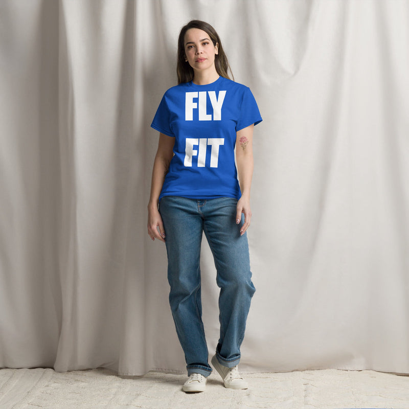 Fly Fit Travel T-Shirt in Royal Blue | Dumbbells & Hotels