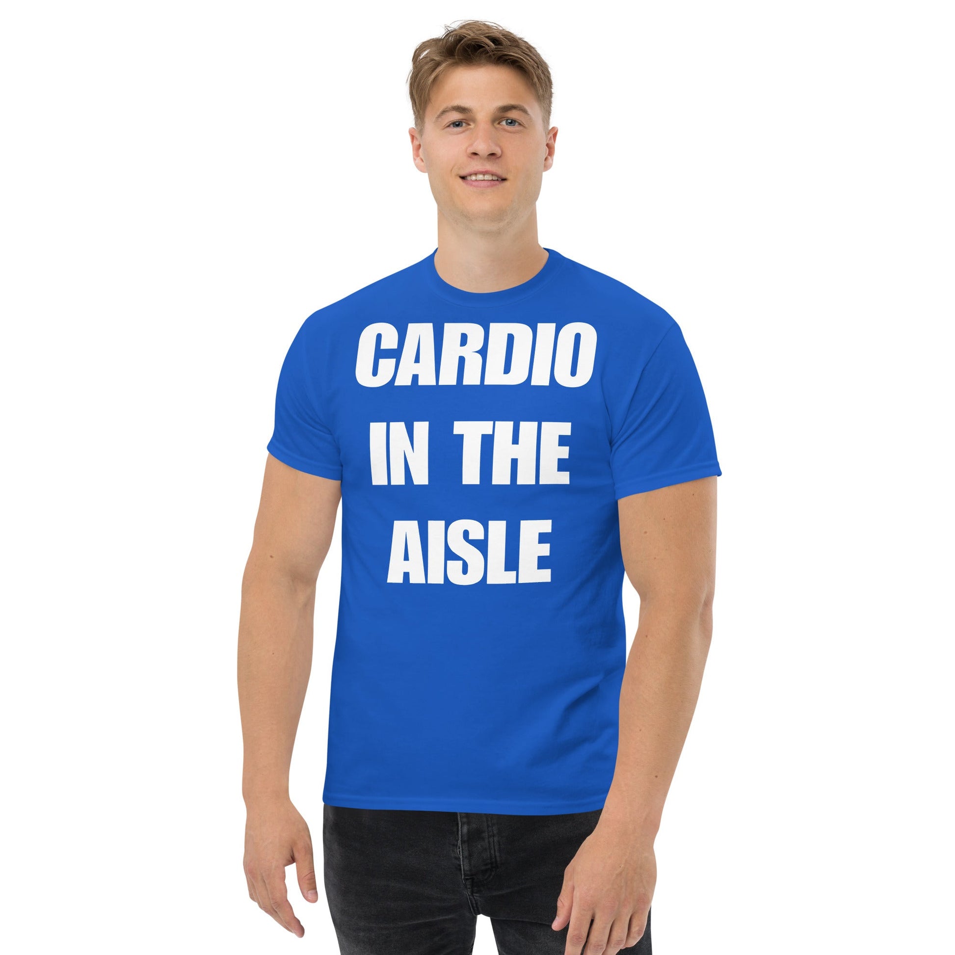 Cardio in the Aisle | travel workout tee in Royal (front view) — layover-ready travel fitness apparel by Dumbbells & Hotels