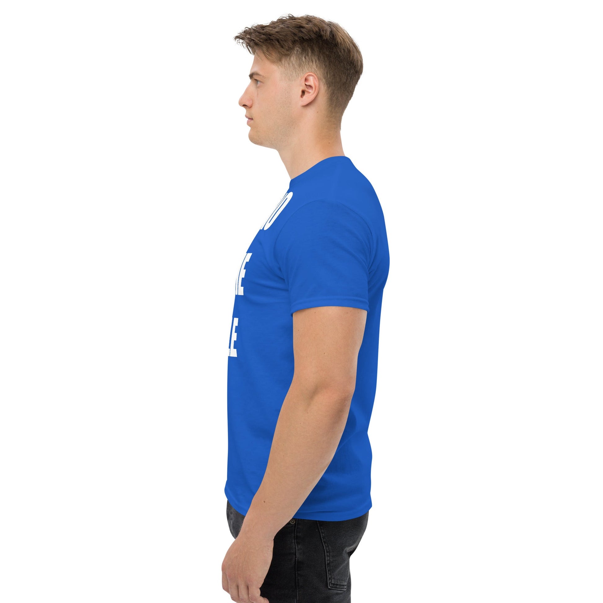 Cardio in the Aisle | travel workout tee in Royal (left side) — layover-ready travel fitness apparel by Dumbbells & Hotels