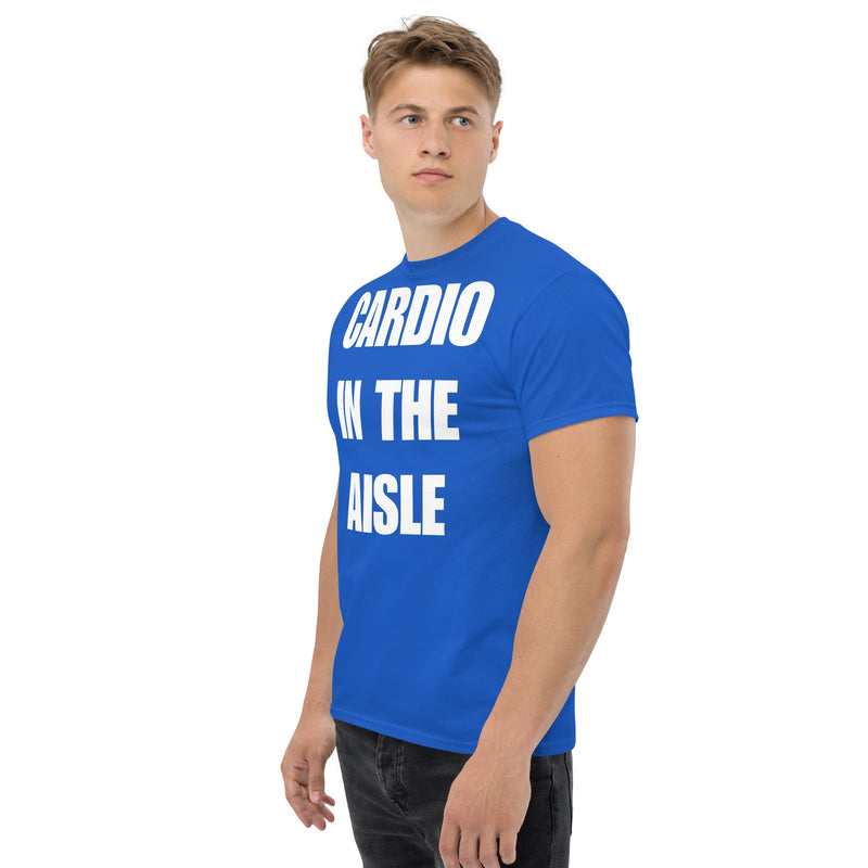 Cardio in the Aisle | travel workout tee in Royal (left front angle) — layover-ready travel fitness apparel by Dumbbells & Hotels