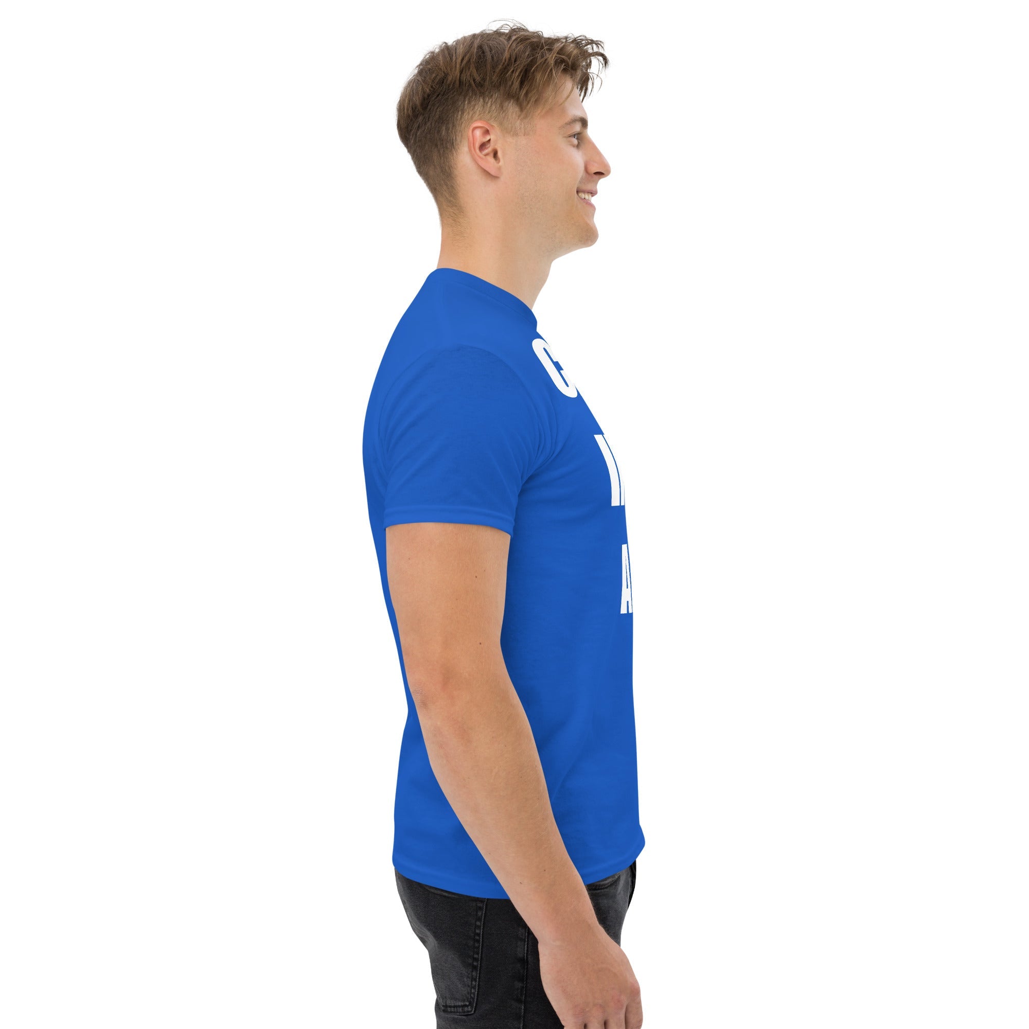 Cardio in the Aisle | travel workout tee in Royal (right side) — layover-ready travel fitness apparel by Dumbbells & Hotels