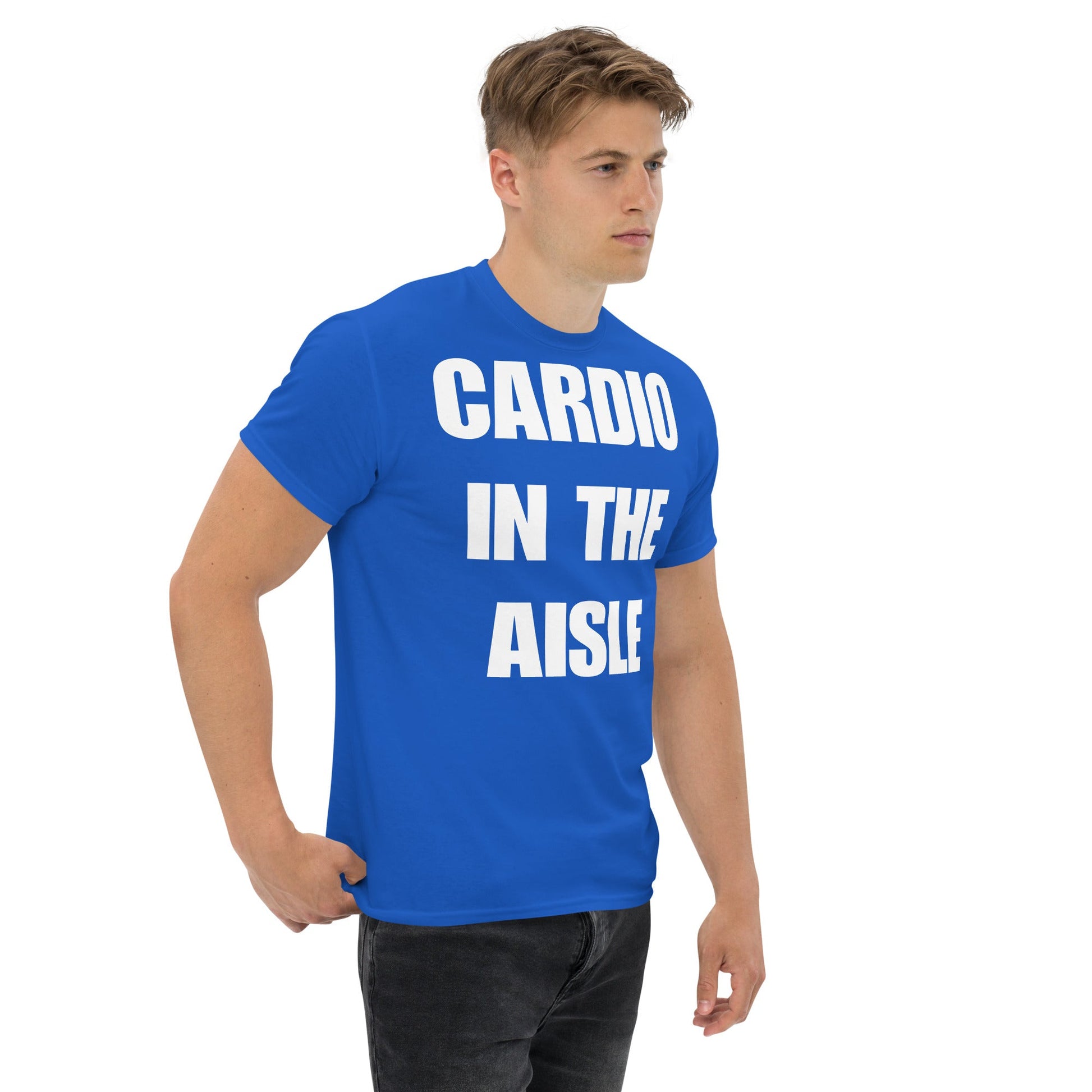 Cardio in the Aisle | travel workout tee in Royal (right front angle) — layover-ready travel fitness apparel by Dumbbells & Hotels