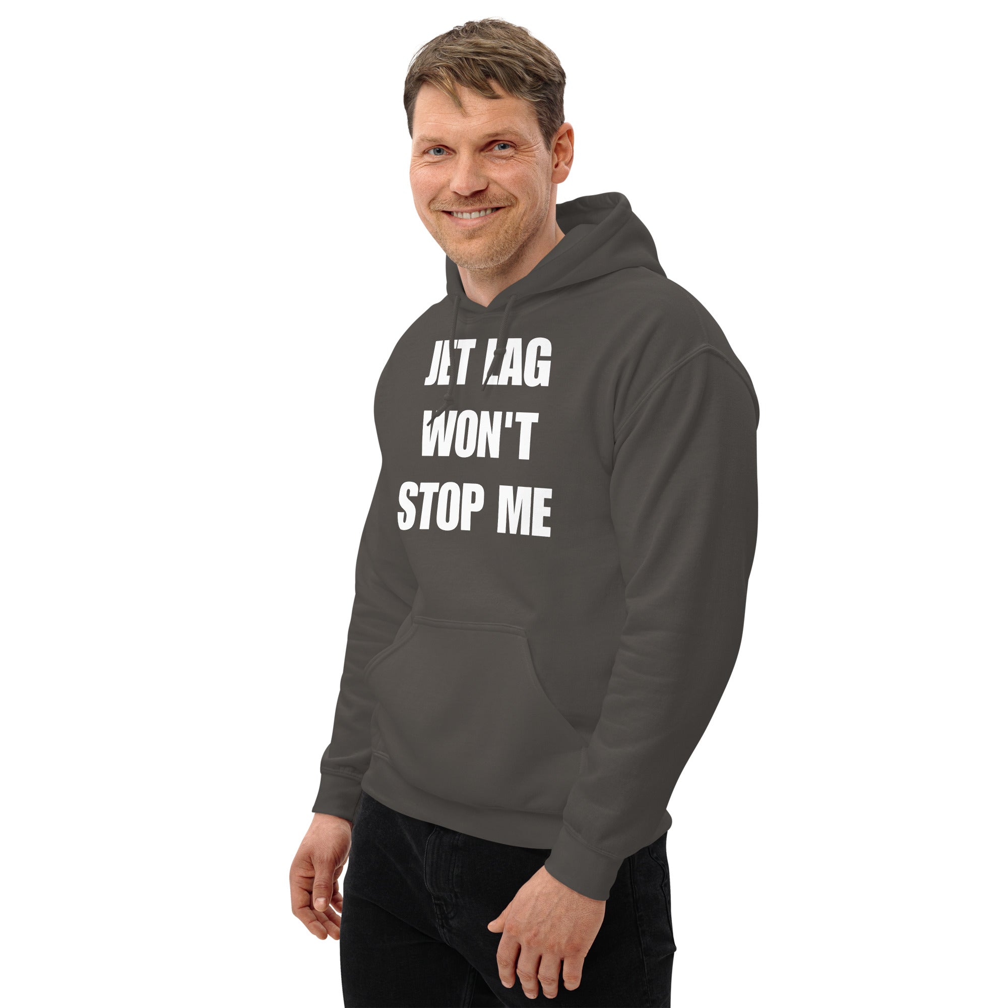 Jet Lag Won't Stop Me hoodie — travel fitness apparel by Dumbbells & Hotels