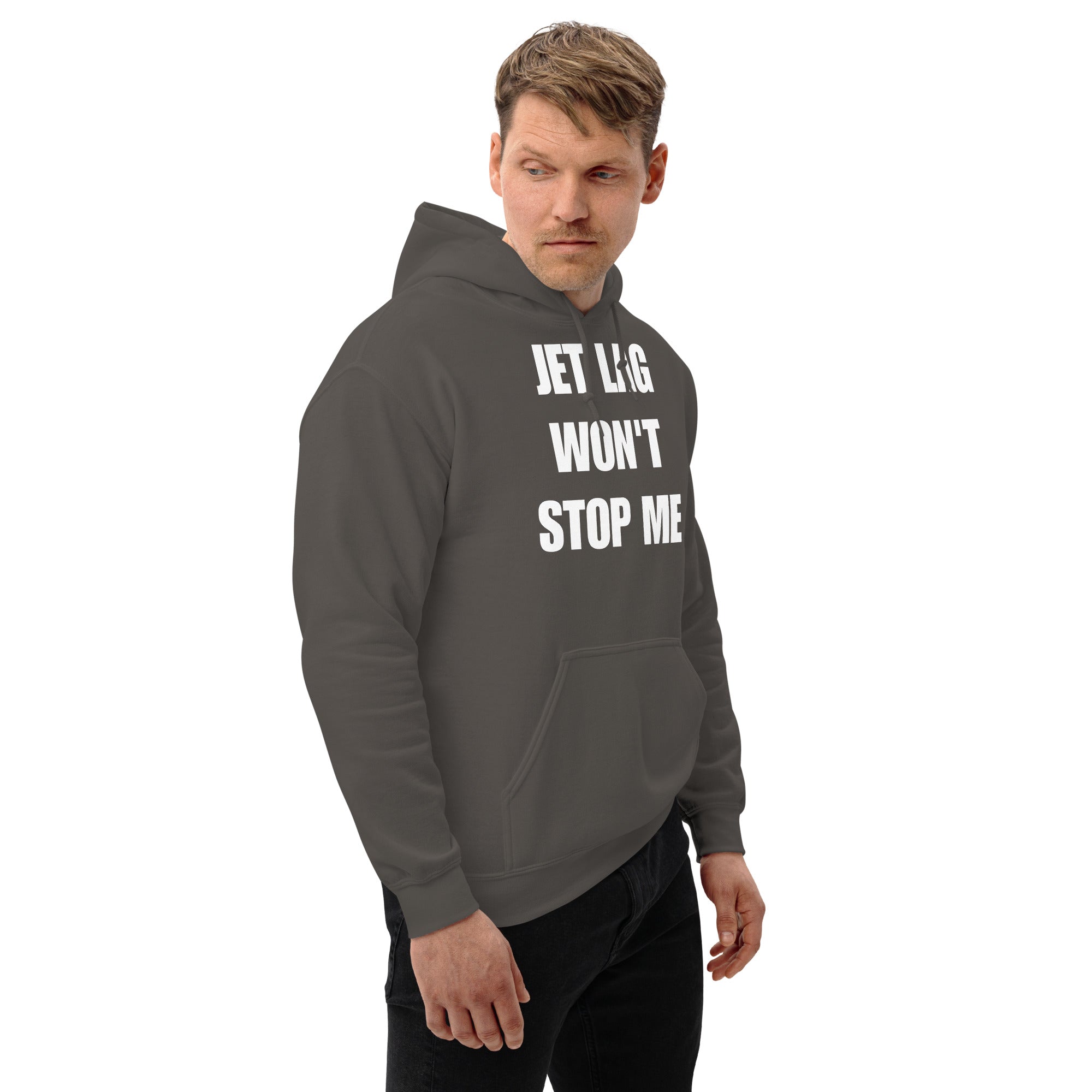 Jet Lag Won't Stop Me hoodie — travel fitness apparel by Dumbbells & Hotels