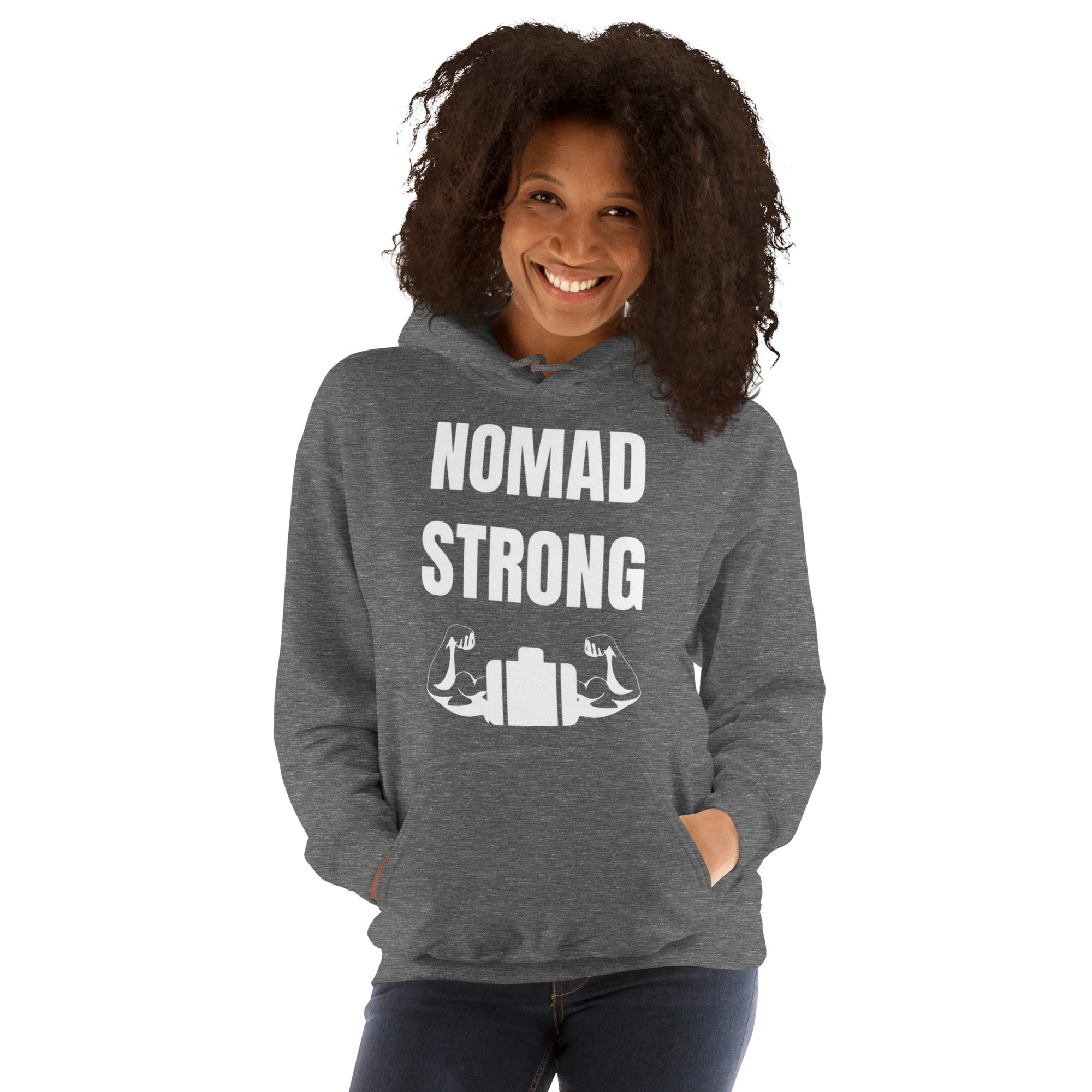 Nomad Strong Unisex Hoodie | Dumbbells & Hotels