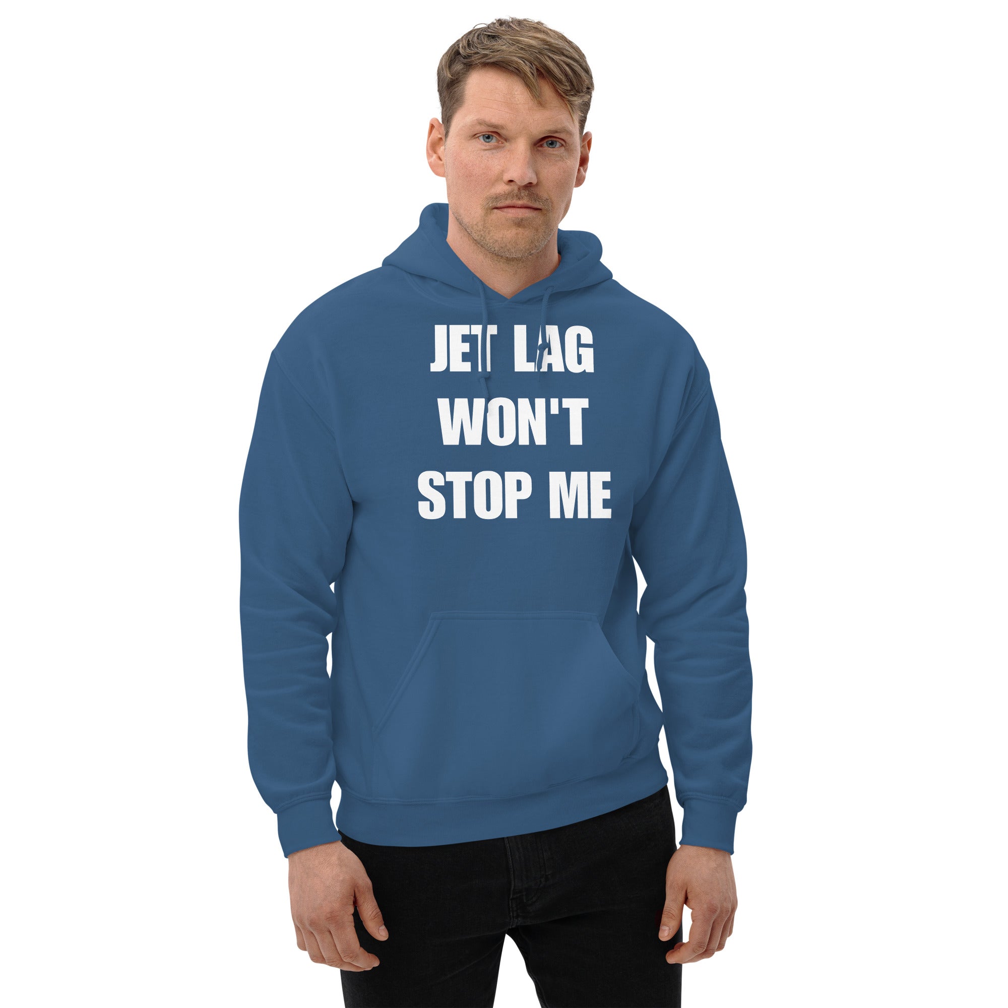 Jet Lag Won't Stop Me hoodie — travel fitness apparel by Dumbbells & Hotels
