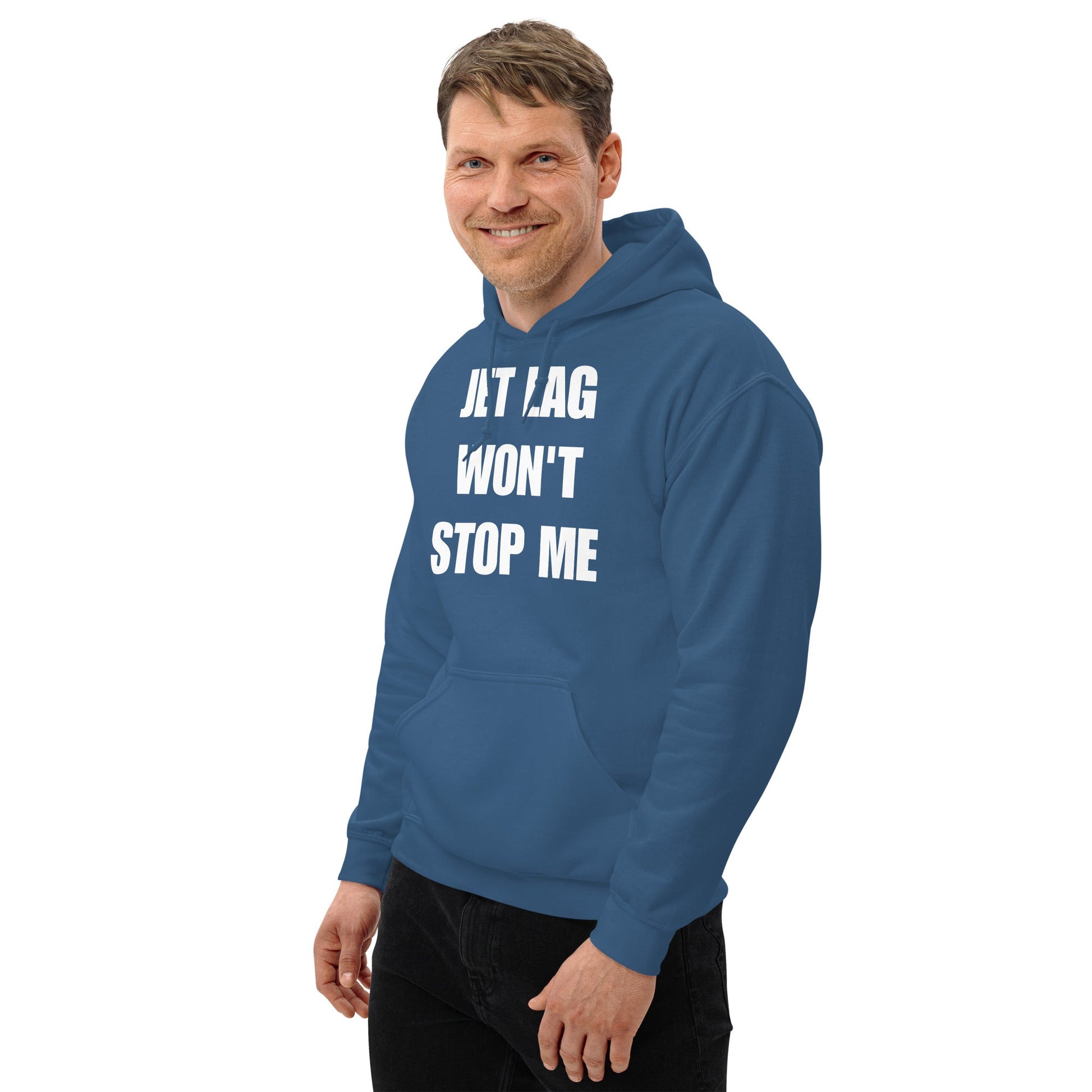 Jet Lag Won't Stop Me hoodie — travel fitness apparel by Dumbbells & Hotels