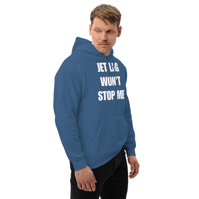 Jet Lag Won't Stop Me hoodie — layover-ready travel fitness by Dumbbells & Hotels