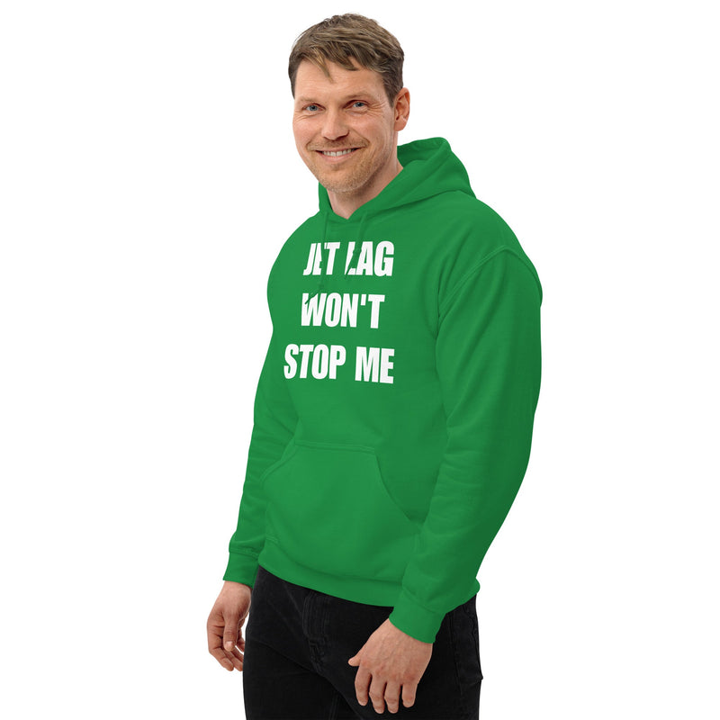Jet Lag Won't Stop Me hoodie — layover-ready travel fitness by Dumbbells & Hotels