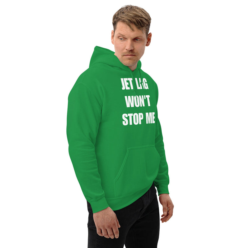 Jet Lag Won't Stop Me hoodie — layover-ready travel fitness by Dumbbells & Hotels