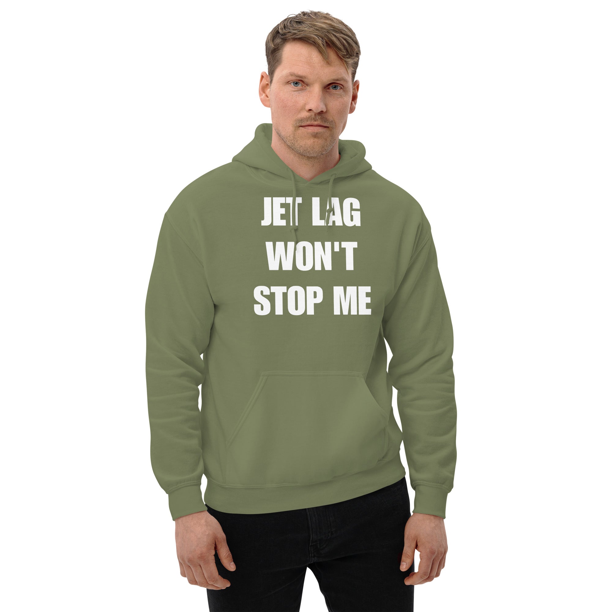 Jet Lag Won't Stop Me hoodie — layover-ready travel fitness by Dumbbells & Hotels