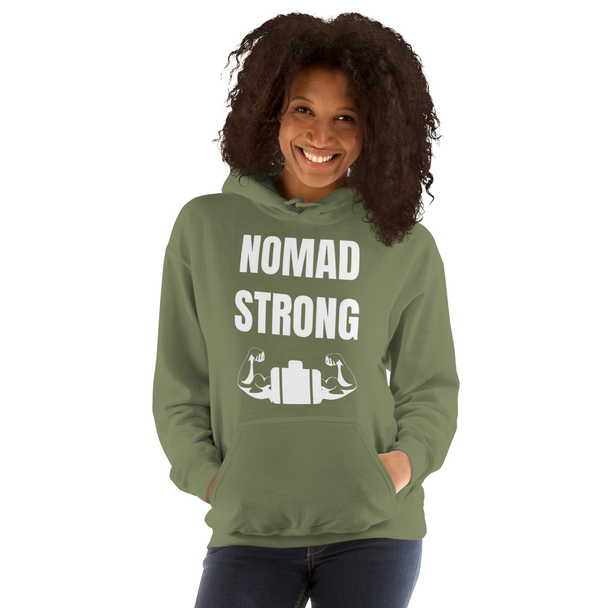 Nomad Strong Unisex Hoodie | Dumbbells & Hotels