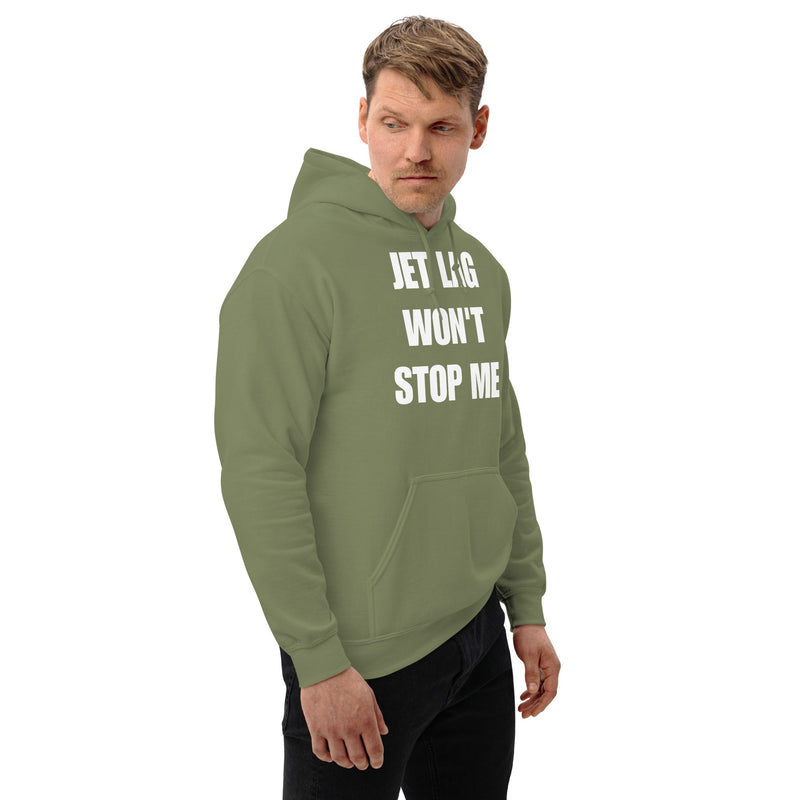 Jet Lag Won't Stop Me hoodie — Dumbbells & Hotels flight tested