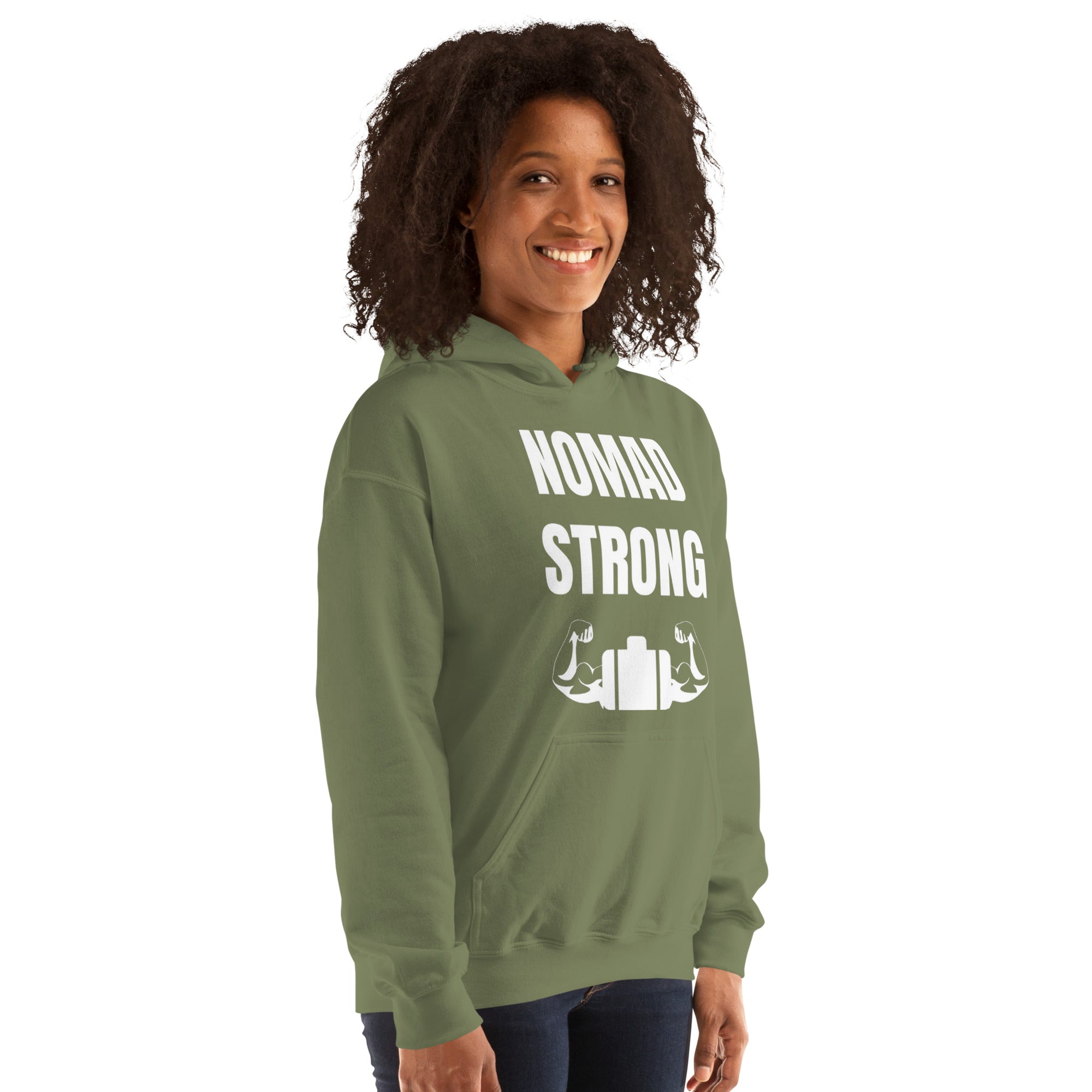 Nomad Strong Unisex Hoodie | Dumbbells & Hotels