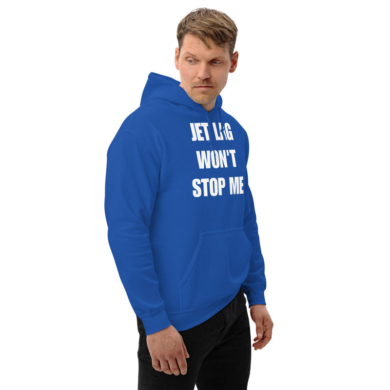 Jet Lag Won't Stop Me hoodie — road warrior travel fitness by Dumbbells & Hotels