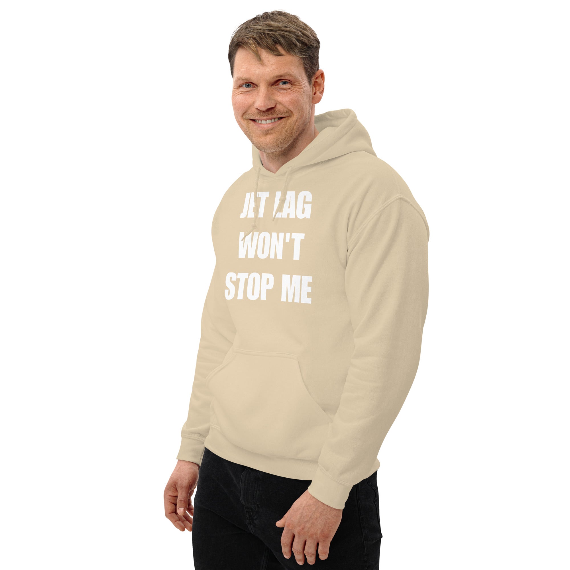 Jet Lag Won't Stop Me hoodie — Dumbbells & Hotels veteran-founded