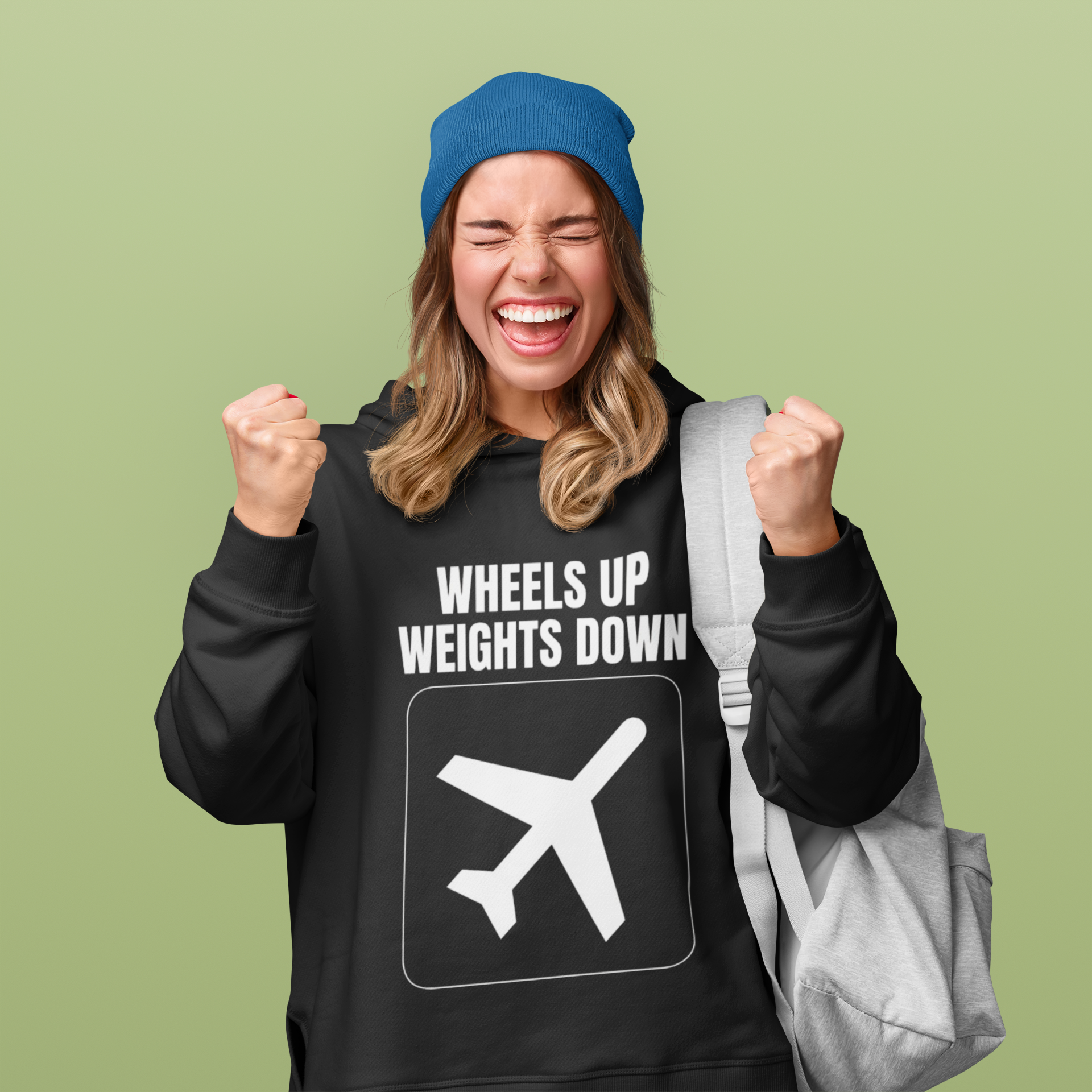 Wheels Up Weights Down travel workout hoodie — Black flat-lay by Dumbbells & Hotels
